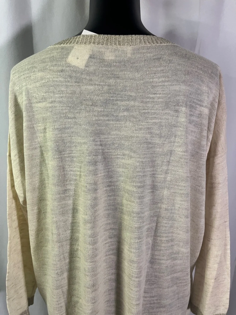 NWT LOFT Cream Gold Shimmer Trim 3/4 Sleeve Linen Blend Sweater